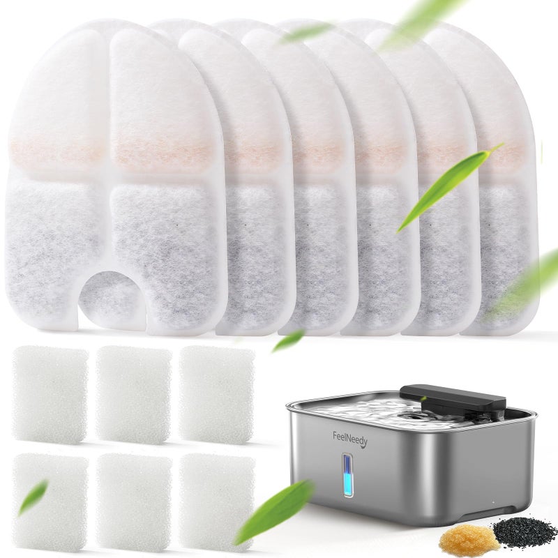 FEELNEEDY 6 Packs Dog Water Fountain Filters & 6 Packs Pump Filters Sponges Replacement, Pet Water Fountain Filter for 3Gal/12L Dog Water Dispenser (FN-W13) - Image 1