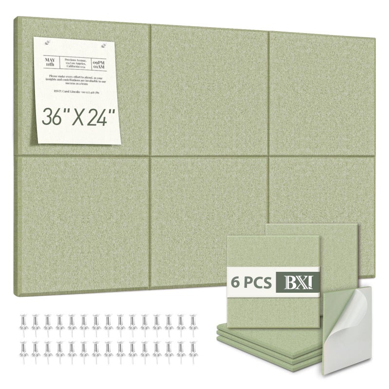 BXI Felt Bulletin Board - 36 X 24 Inches, 6 Pcs Self-Adhesive Decor Cork Boards with 30 Pushpins, Sturdy Acoustic Wall Panels for Office Work, Poster Pin Tiles for Teen Dorm Room Kitchen Classroom - Image 1