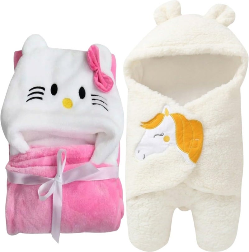 AAKRITI Warm Newborn Baby Sleeping Bag for Winter Baby Swaddling Blanket Single Hooded with Embroidered Blanket for 06 Months Baby Boys and Baby Girls Pack of 2  - Image 1