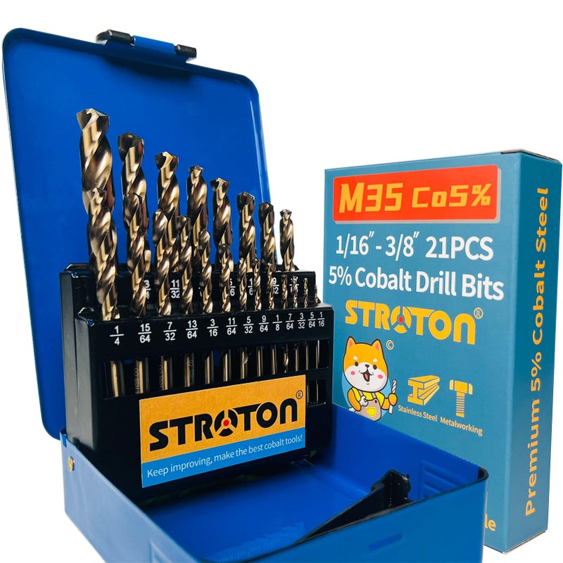 STROTON 5% Cobalt Drill Bit Set (1/16-3/8 Inch, 21PCS) for Stainless Steel, Hard Metal, Cast Iron, Plastic and Wood, M35 Hss Heavy Duty Twist Steel Drill Bits Index. - Image 1