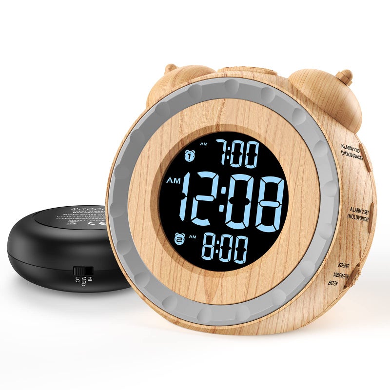 uscce Dual Extra Loud Alarm Clock with Bed Shaker  0100 Dimmer Vibrating Alarm Clock for Heavy Sleepers or Hearing Impaired Easy to Set Snooze Battery Backup Wake with a ShakeWood Grain