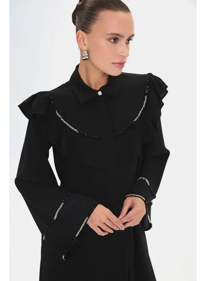 JUNE June Women Shirt Collar Ruffle Detailed Maxi Dress Black