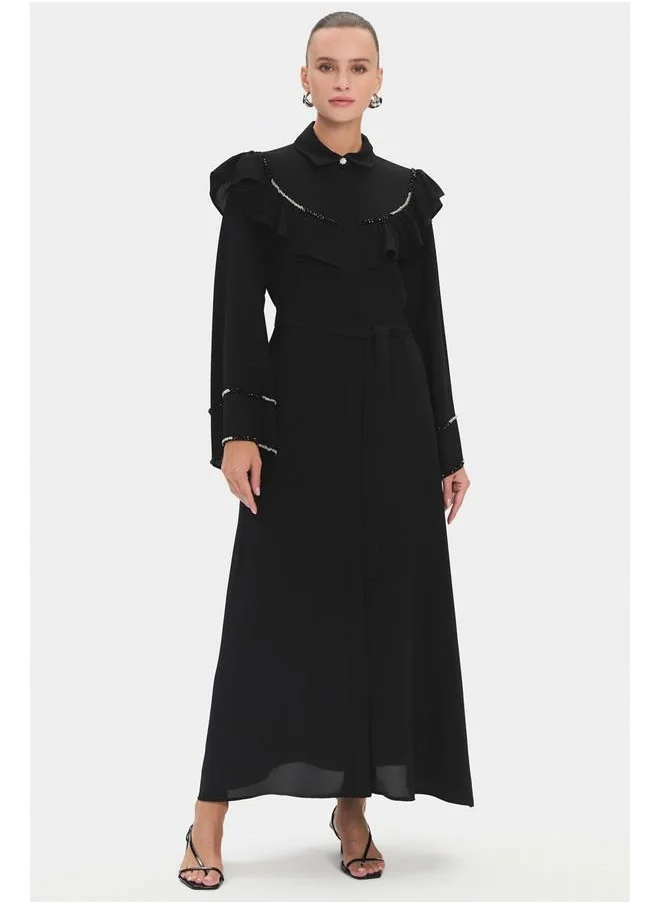 جون June Women Shirt Collar Ruffle Detailed Maxi Dress Black