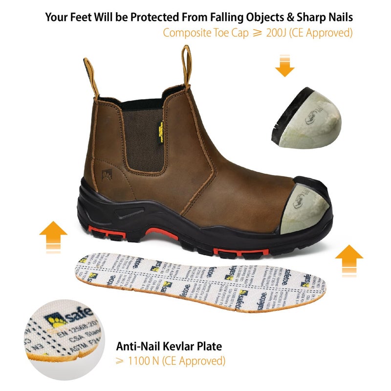 SAFETOE Mens Work Boots Composite Toe Chelsea Safety Boots Slip On Cow Leather Waterproof Lightweight Working Boots,Size 13 - Image 4
