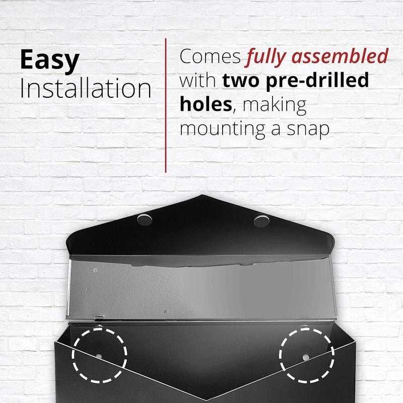 NACH Black Envelope Wall Mount Mailbox, Rust Resistant Metal Mailbox, Black Mailbox Wall Mount, Mailboxes for Outside Wall Mount, Outdoor Mailboxes, Wall Mailbox, 14.1 x 3.5 x 6 Inches, MB-6915BLK - Image 2