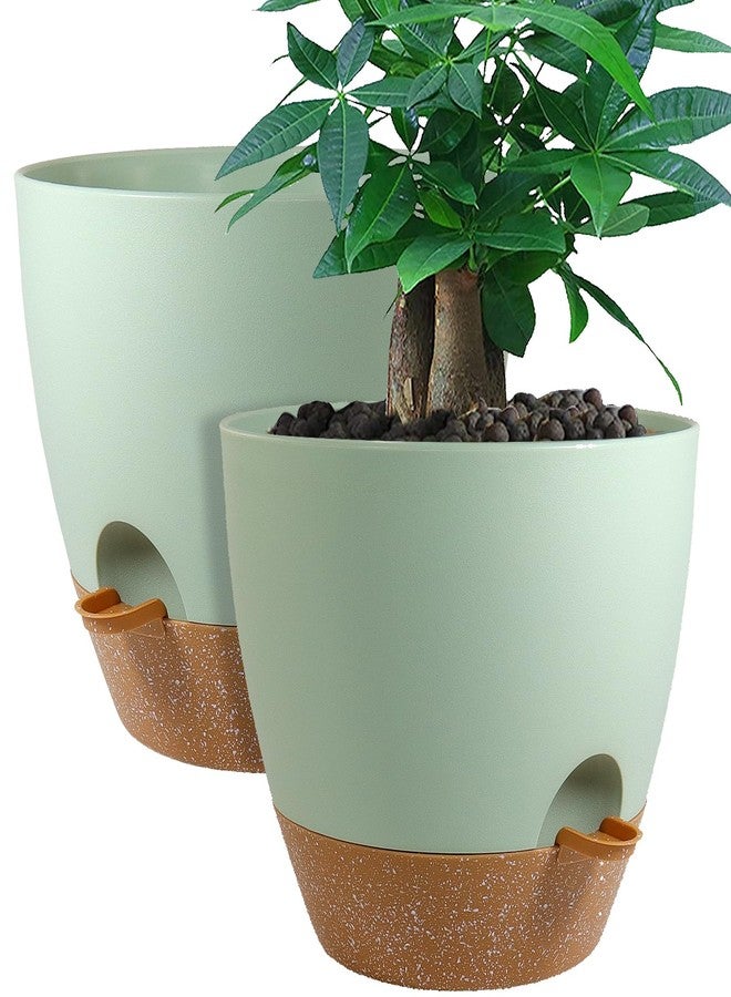 UOUZ 12inch 2Pack Large Self Watering Planters, Plastic Plant Pots with 60oZ Removable Deep Reservoir and Multi Mesh Drainage Holes for Indoor Outdoor Garden Plants and Flowers, Green with Brown - Image 1