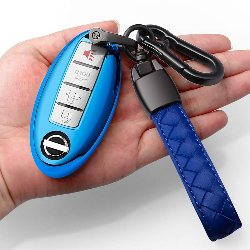 Autophone Compatible with Nissan Key Fob Cover with Leather Keychain Soft TPU 360 Degree Protection Key Case for Altima Maxima Rogue Armada Pathfinder Smart Key 3 4 5ButtonBlue