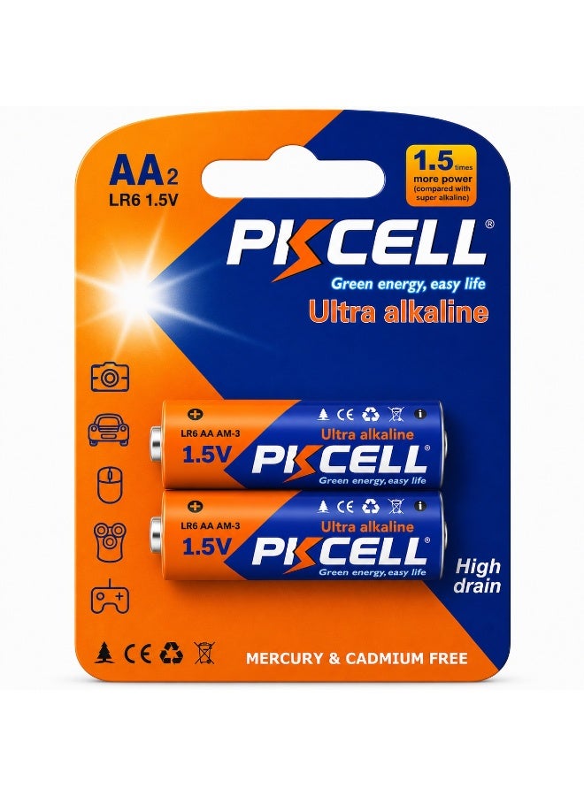 PKCELL 2 Pack AA Batteries, 1.5V High Performance Alkaline Double AA Battery for Keyboards, Clocks, Toys, Remote Controls - Image 1
