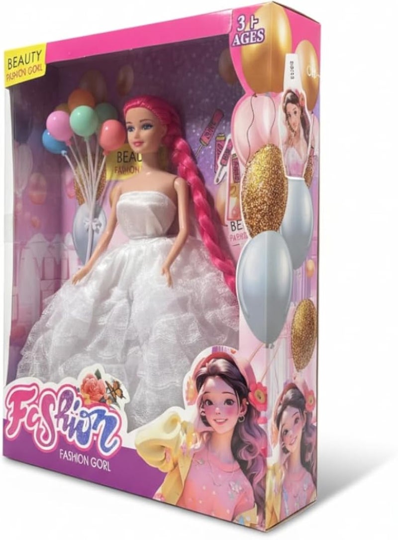 Elegant Party Doll with Pink Hair and Charming White Dress
