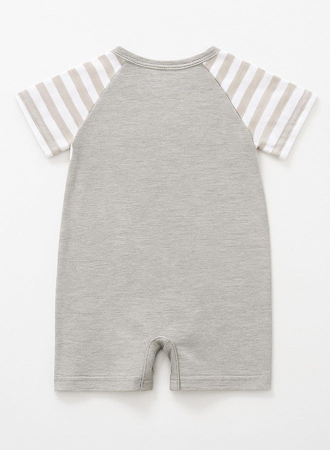 stylesilove Unisex Baby Cotton Onesie - Short Sleeve Outfit with Cute Graphics, Striped Sleeves, 6-9 Months, Grey - Image 3