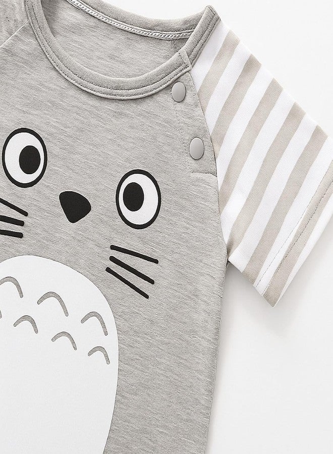 stylesilove Unisex Baby Cotton Onesie - Short Sleeve Outfit with Cute Graphics, Striped Sleeves, 6-9 Months, Grey - Image 2