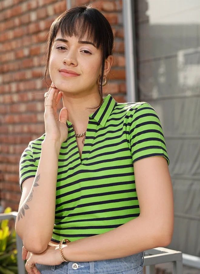 STREET 9 Green & Black Striped Polo Collar Crop T-Shirt for Women