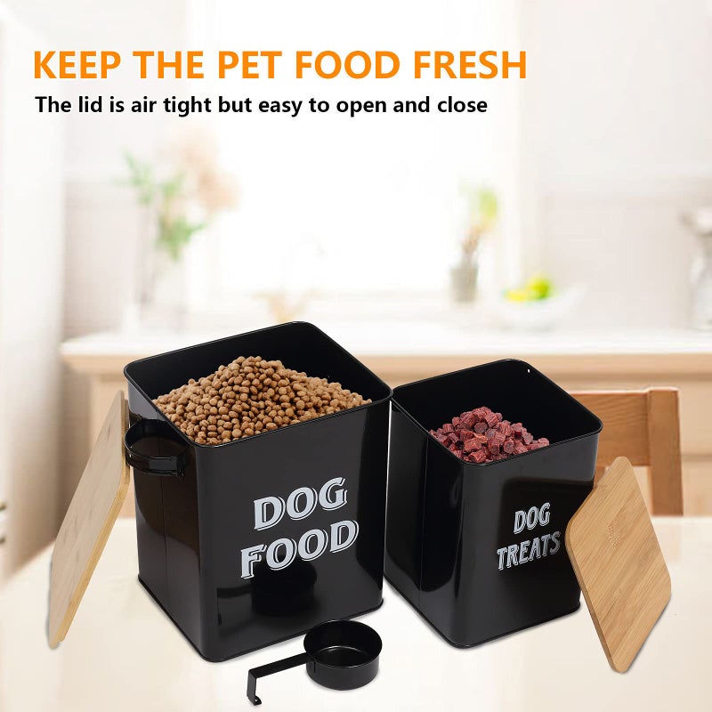 Morezi Dog Food Storage Container Farmhouse Pet Food Treats Bin with Lid and Scoop, Perfect Sturdy Canister Tins for Kitchen Countertop, Shelf, Great Gift for Pet Owners - Dog Food - Black - Image 2