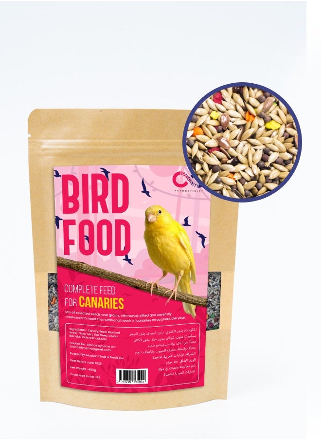 Bird Food Mix for Canaries, Finches, and Budgies 400g Premium Feed with Canary, Mustard, Niger, and Flax Seed Blend 