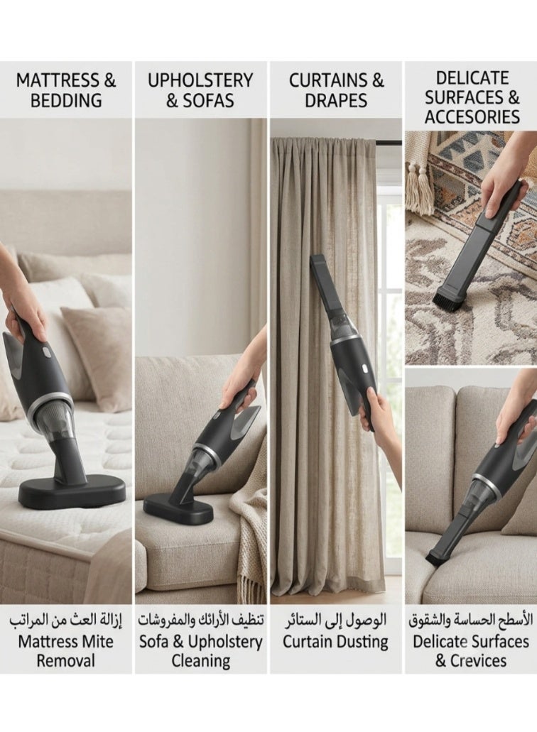 Portable cordless car vacuum cleaner with multiple attachments for thorough cleaning of upholstery, the dashboard, and hard-to-reach corners. - Image 2