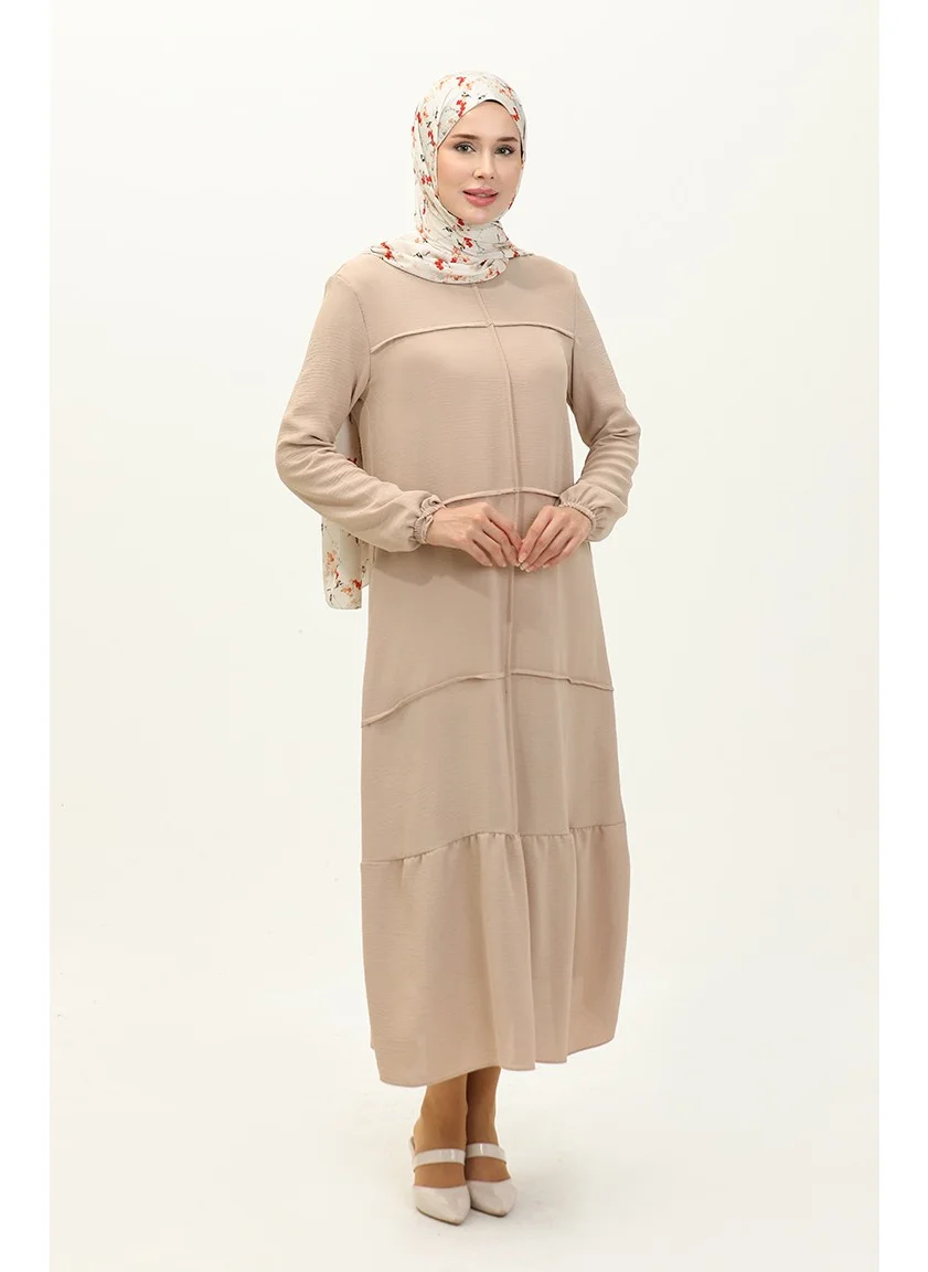 Sefa Merve Aerobin Fabric Pleated Dress 6595-02 Beige