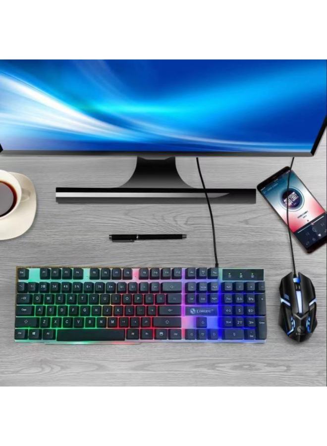 Keyboard Mouse Suit Cool Game Feel Mechanical Colorful Universal Laptop Desktop Keyboard Mouse Wired-Color:Keyboard + Mouse-black Rainbow 【classic Edition】 - Image 1