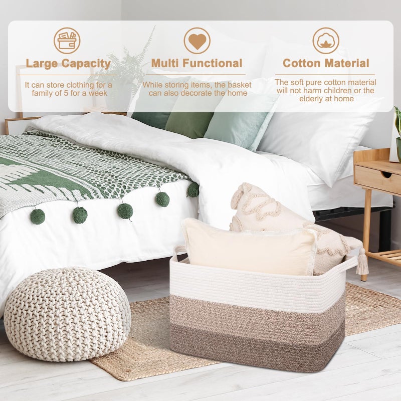 OIAHOMY Rectangle Woven Storage Basket - Nursery Cotton Rope Baskets for Storage, Toy Basket Organizing for Living Room, 17.7"x13.8"x11"- Pack of 3 - Gradient Yellow - Image 4