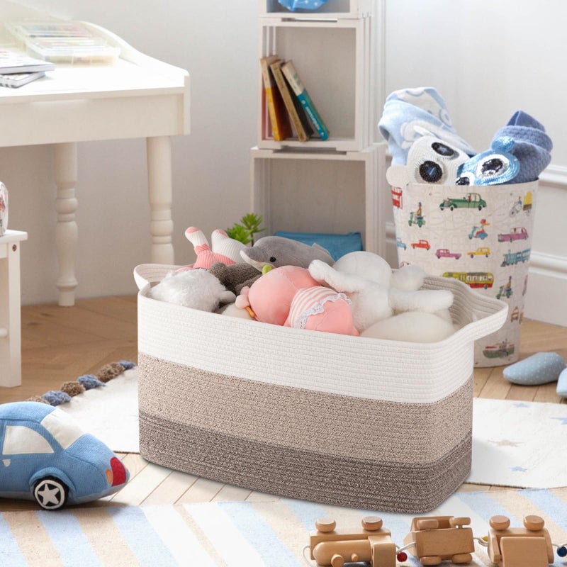 OIAHOMY Rectangle Woven Storage Basket - Nursery Cotton Rope Baskets for Storage, Toy Basket Organizing for Living Room, 17.7"x13.8"x11"- Pack of 3 - Gradient Yellow - Image 5