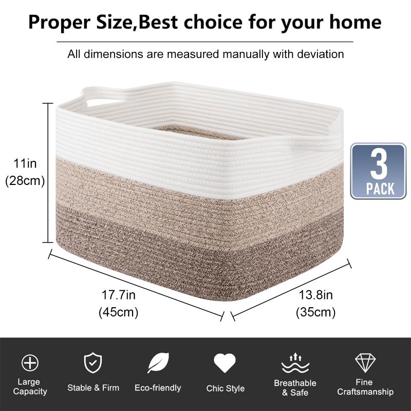 OIAHOMY Rectangle Woven Storage Basket - Nursery Cotton Rope Baskets for Storage, Toy Basket Organizing for Living Room, 17.7"x13.8"x11"- Pack of 3 - Gradient Yellow - Image 3