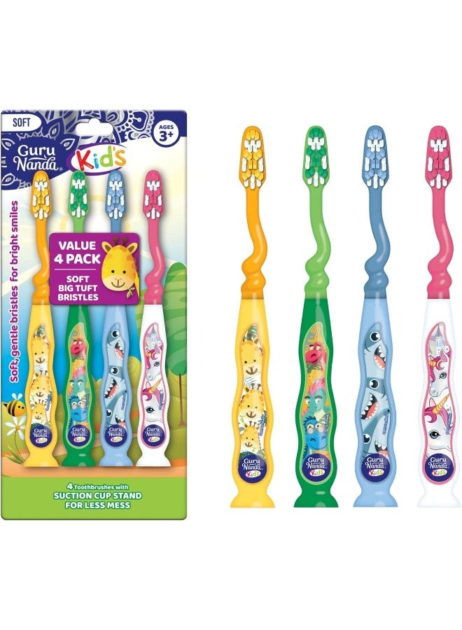GuruNanda Kids Toothbrush with Suction Cup & Fun Animal Designs - Soft Bristles for Healthy Gums- Non-Slippery & Mess-Free Toothbrush, 3+ Age- 4 Count - Image 2