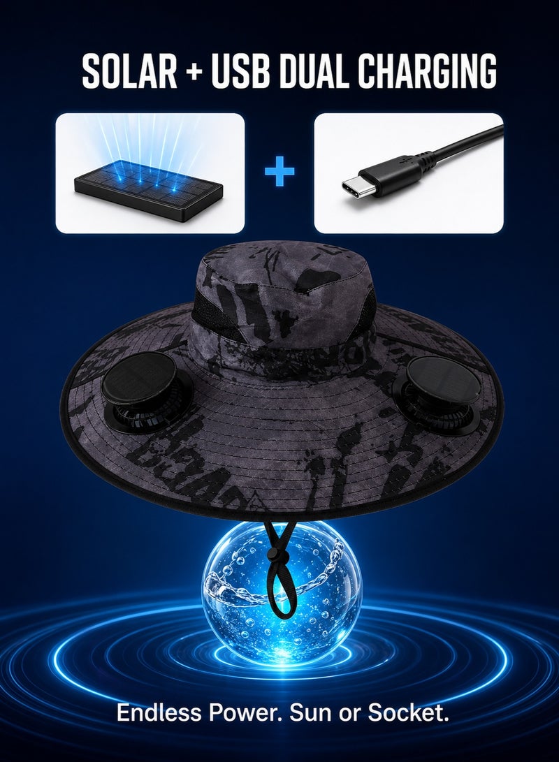 Solar-powered cooling sun hat with a built-in fan, suitable for climbing and fishing, camouflage gray - Image 2