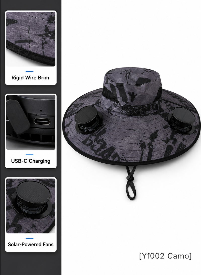 Solar-powered cooling sun hat with a built-in fan, suitable for climbing and fishing, camouflage gray - Image 1