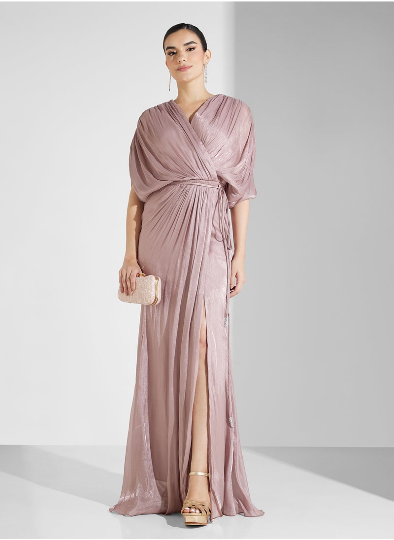 Draped Pleated Maxi Dress With Tie Up Belt - pzsku/ZED80F3215D05842261EDZ/45/_/1742375037/4ffc41fe-bffd-4757-87c8-5c3be40c26c3