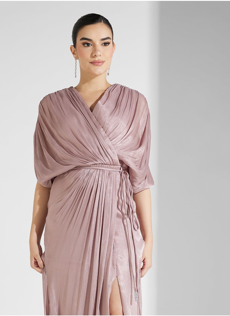 Draped Pleated Maxi Dress With Tie Up Belt - pzsku/ZED80F3215D05842261EDZ/45/_/1742375040/e9722884-6682-4c54-b65a-5293852a9317