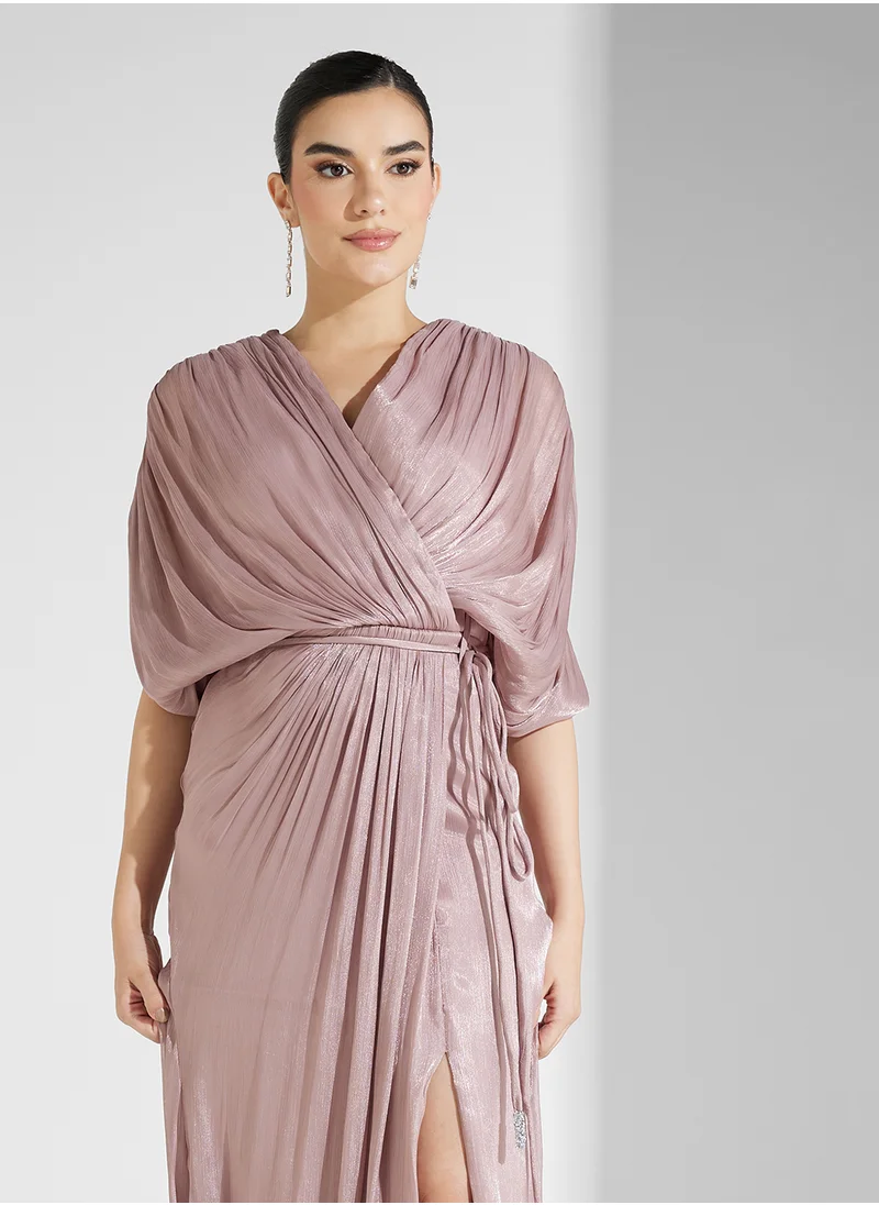 Namshi x Draped Pleated Maxi Dress With Tie Up Belt