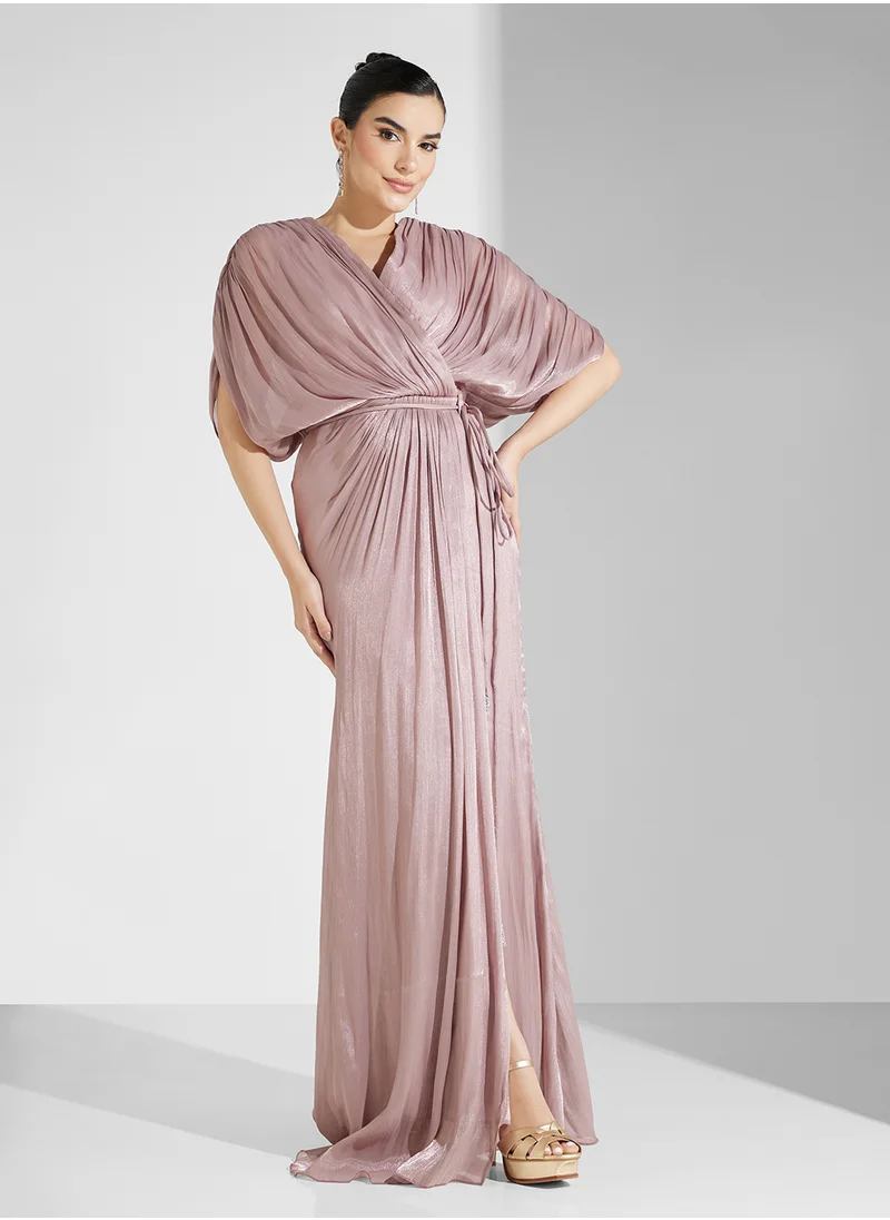 Namshi x Draped Pleated Maxi Dress With Tie Up Belt