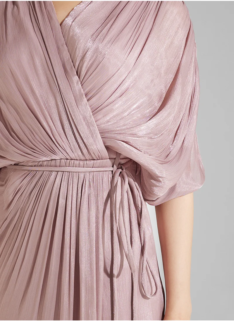 Namshi x Draped Pleated Maxi Dress With Tie Up Belt