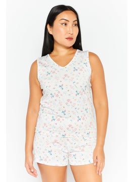 Women 2 Pcs Floral Print Top And Shorts Pajama Sets, White