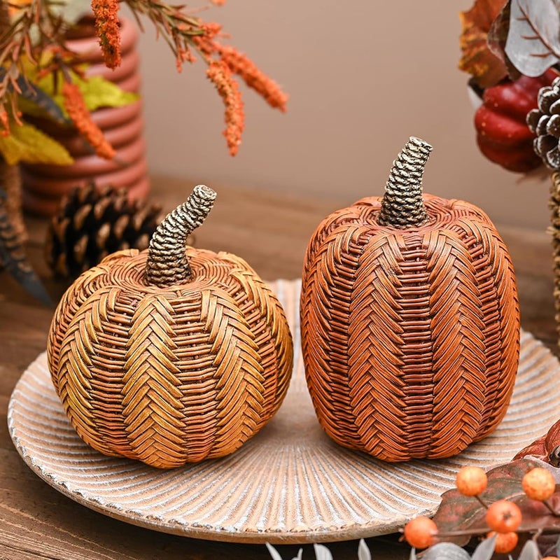 Valery Madelyn Thanksgiving Fall Decoration for Home Pumpkin Decor 2pcs Resin Statue Artificial Rattan Pumpkins Figurine Autumn Harvest Halloween Table Centerpieces 62 inch