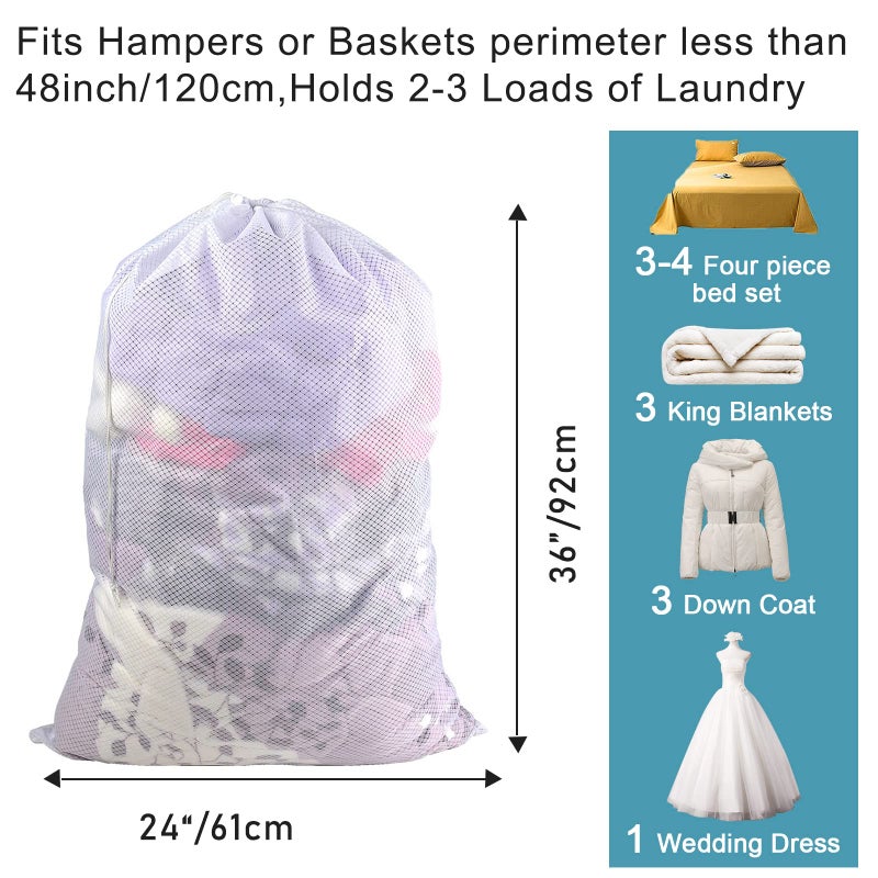 Polecasa Heavy Duty Large Mesh Laundry Bag with Drawstring Closure and ID Tag, Durable Laundry Bag for Travel, Sports, Dorms (24"x 36"| 1 Pack) - White - Image 3