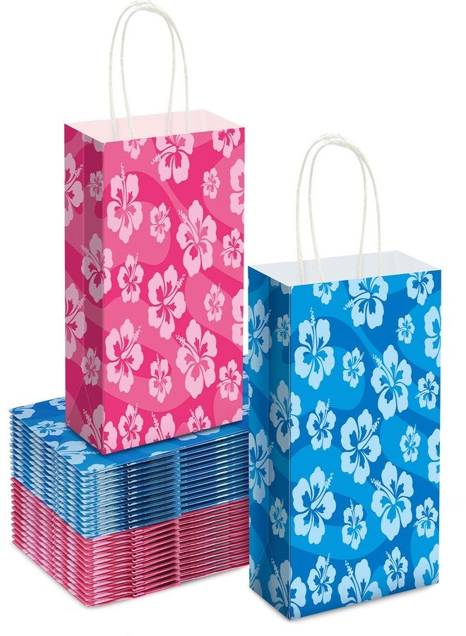 Kolldenn 24 Pcs Cute Cartoon Blue Pink Hibiscus Party Gift Bags Hawaiian Party Favors Paper Goodie Candy Bags with Handles for Hawaiian Tropical Birthday Baby Shower Supplies(Classic) - Image 1