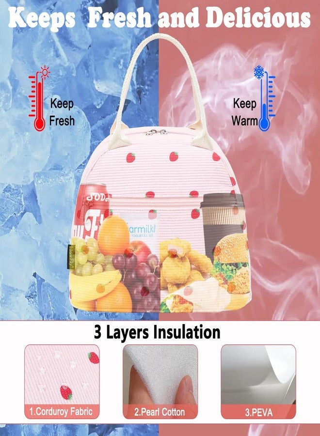 GYEUKHAM Lunch Bag for Women Men - Cute Corduroy Insulated Tote Box, Large Capacity Reusable Cooler Bag for Work, Picnic, Travel, Corduroy Strawberry Pink - Image 2