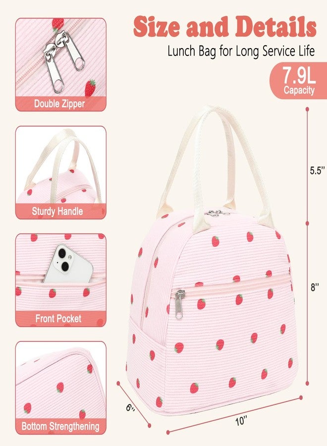 GYEUKHAM Lunch Bag for Women Men - Cute Corduroy Insulated Tote Box, Large Capacity Reusable Cooler Bag for Work, Picnic, Travel, Corduroy Strawberry Pink - Image 4