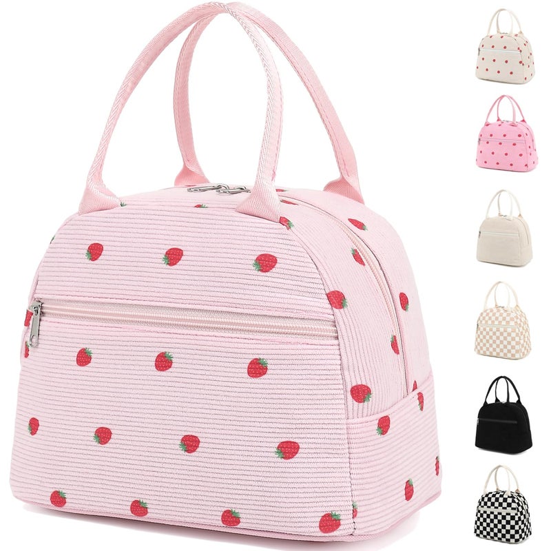 GYEUKHAM Lunch Bag for Women Men - Cute Corduroy Insulated Tote Box, Large Capacity Reusable Cooler Bag for Work, Picnic, Travel, Corduroy Strawberry Pink - Image 1