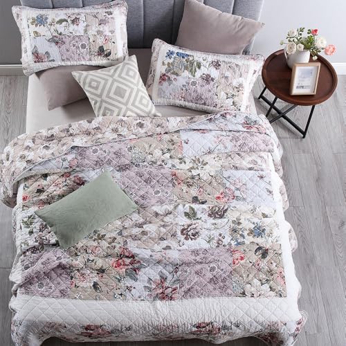 camandy Cotton Bedspread Quilt Bedding Sets 3 Pieces Reversible Coverlet Sets Comforters Vintage Floral Patchwork White Bedspread, Queen Size - Image 3