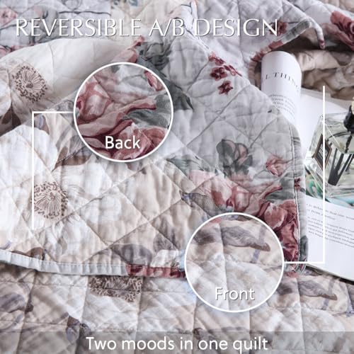 camandy Cotton Bedspread Quilt Bedding Sets 3 Pieces Reversible Coverlet Sets Comforters Vintage Floral Patchwork White Bedspread, Queen Size - Image 5
