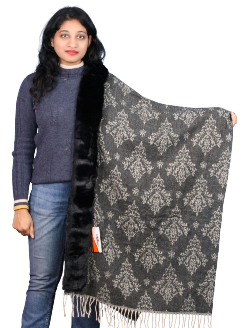 Pick Ur Needs Elegant Winter Soft & Warm Woolen Shawl with Faux Fur Border Multi Color Pattern Scarf (Black2) - Image 1
