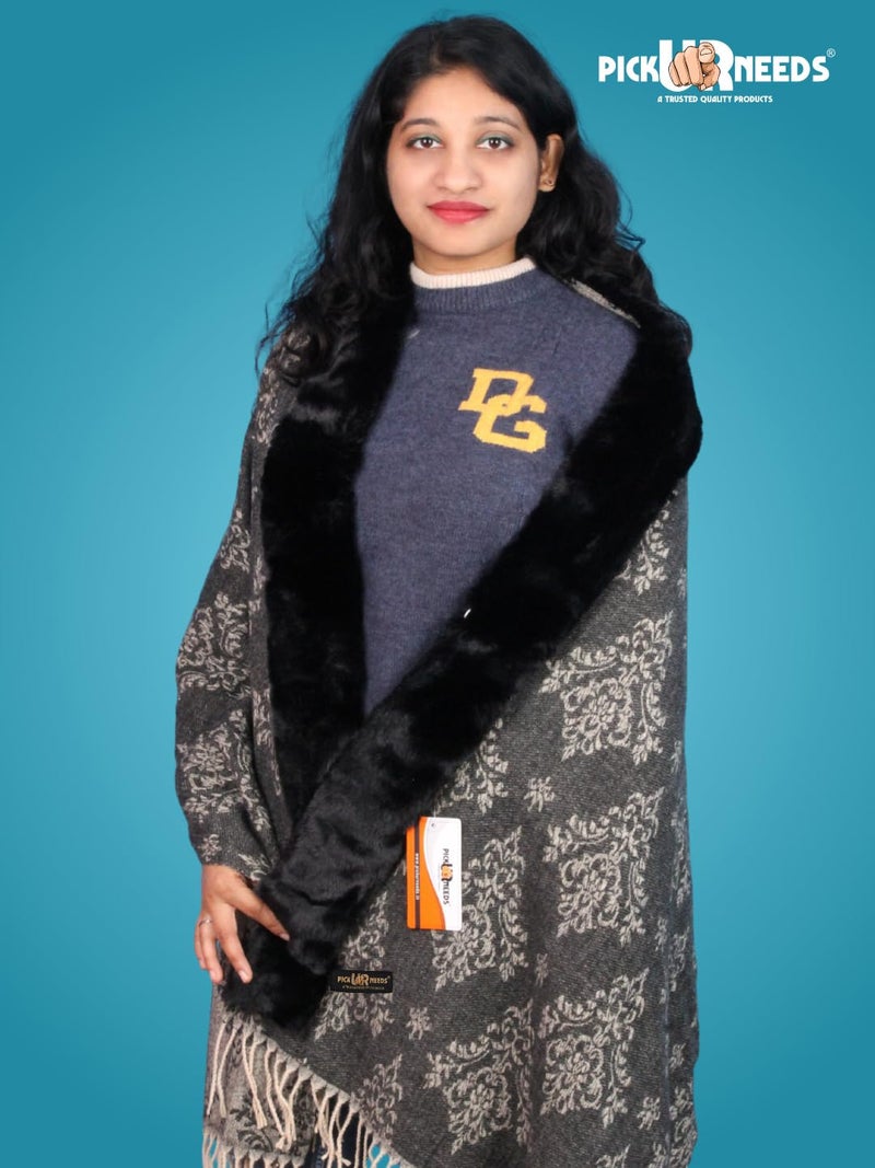 Pick Ur Needs Elegant Winter Soft & Warm Woolen Shawl with Faux Fur Border Multi Color Pattern Scarf (Black2) - Image 4