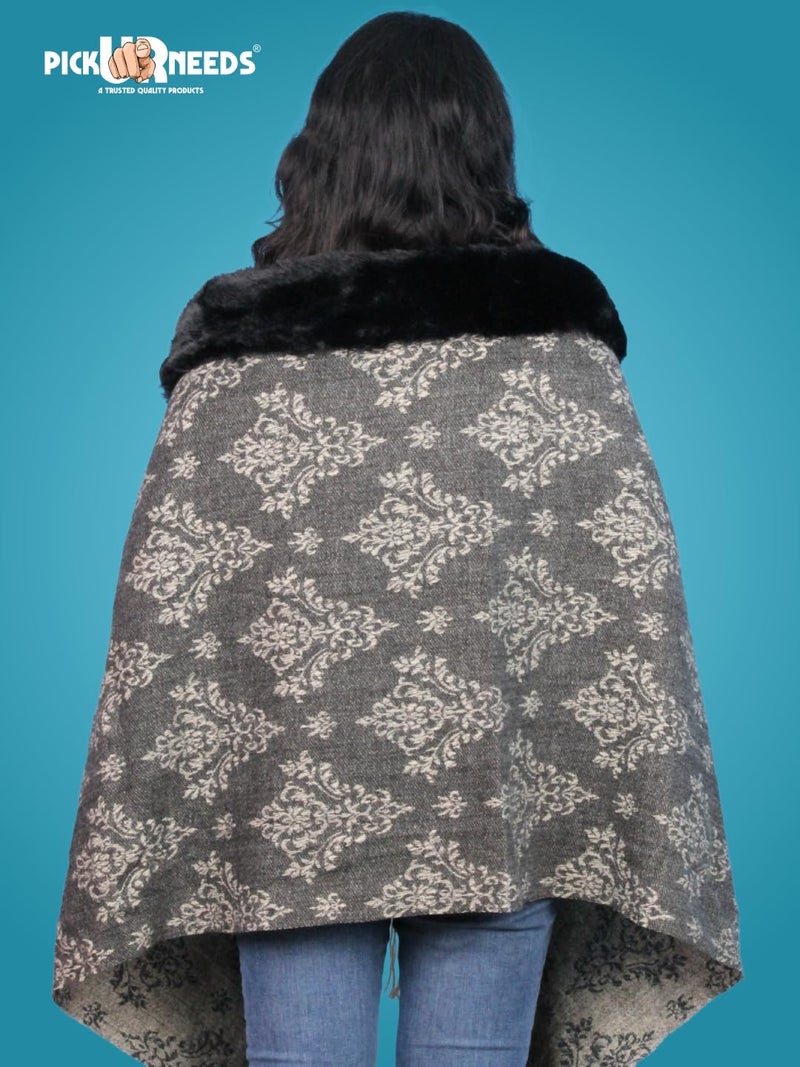 Pick Ur Needs Elegant Winter Soft & Warm Woolen Shawl with Faux Fur Border Multi Color Pattern Scarf (Black2) - Image 2