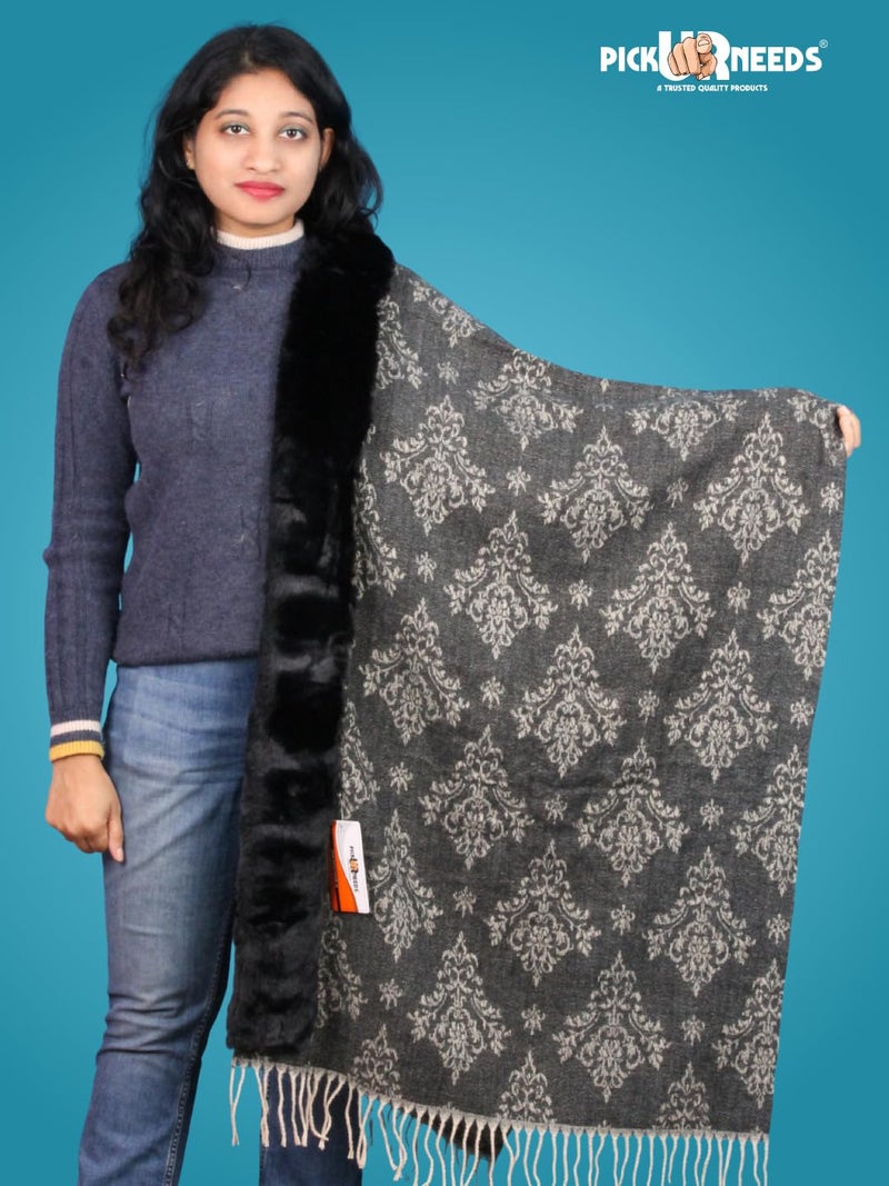 Pick Ur Needs Elegant Winter Soft & Warm Woolen Shawl with Faux Fur Border Multi Color Pattern Scarf (Black2) - Image 3