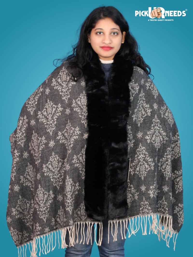 Pick Ur Needs Elegant Winter Soft & Warm Woolen Shawl with Faux Fur Border Multi Color Pattern Scarf (Black2) - Image 5