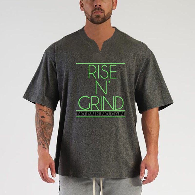 Men''s V-neck fitness short sleeve loose plus size drop shoulder sleeve Korean style T-shirt cotton casual training bottoming shirt - Image 2