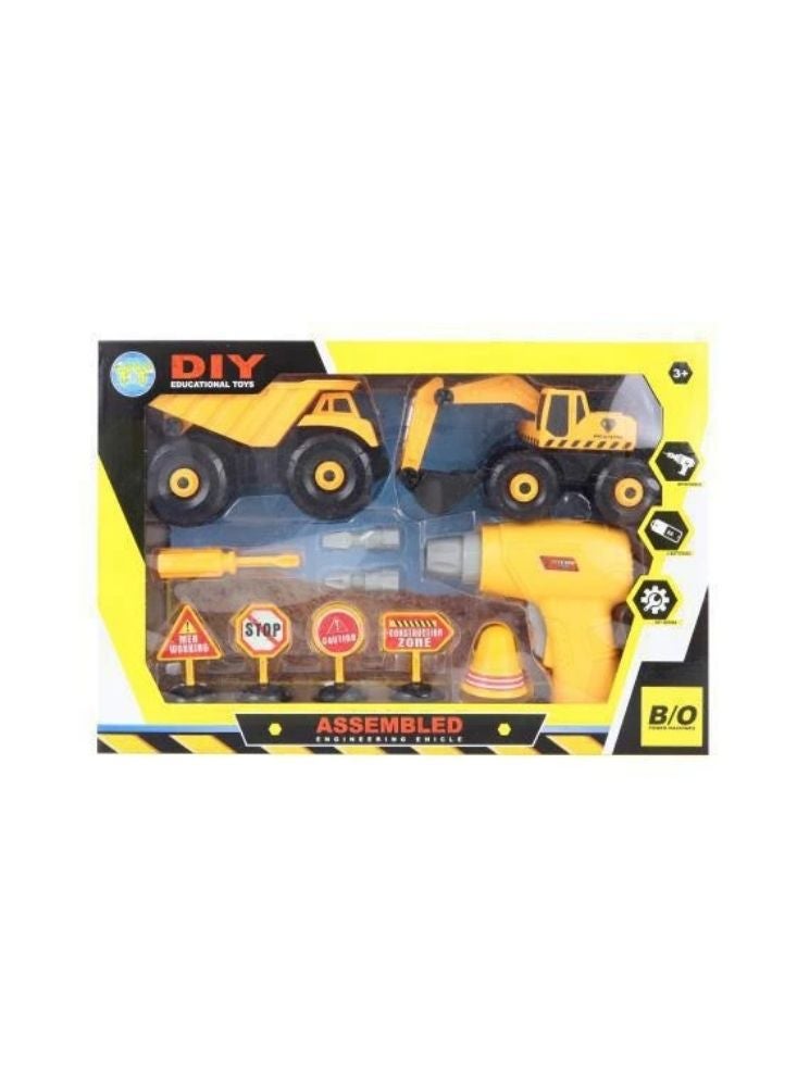 بريميم مجموعة ألعاب شاحنة البناء – مركبة هندسية تعليمية مع مثقاب وإشارات مرور.