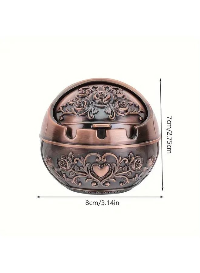 Bronze Vintage Metal Ashtray With Lid Smoke Odor Proof Floral Pattern Home Office Bar - Image 4