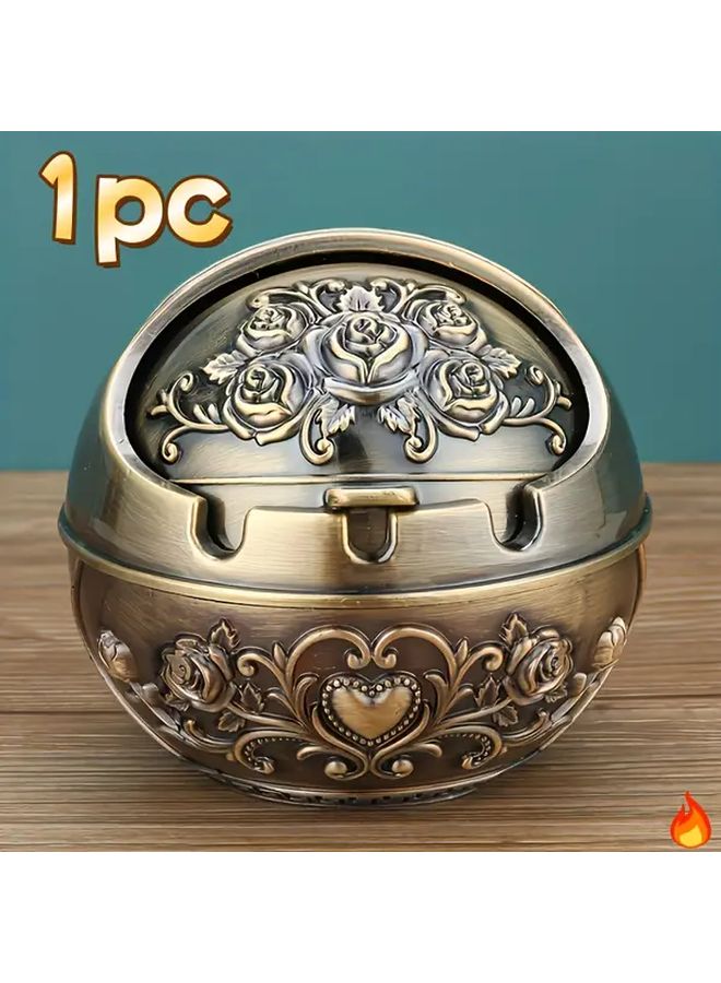 Bronze Vintage Metal Ashtray With Lid Smoke Odor Proof Floral Pattern Home Office Bar - Image 1